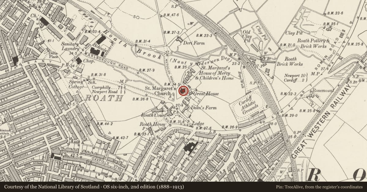 Ordnance Survey six-inch map, 2nd edition (1888–1913) covering the location of Church of St Margaret, Penylan, Cardiff, with a pin at the register's coordinates