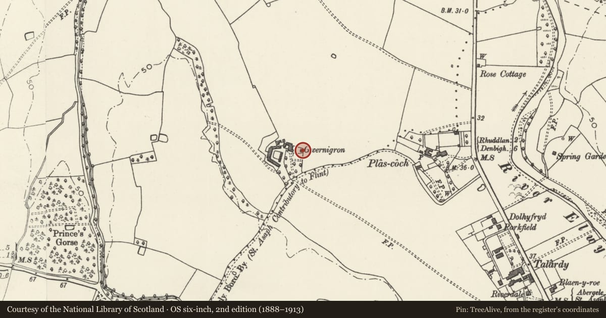 Ordnance Survey six-inch map, 2nd edition (1888–1913) covering the location of Gwernigron Dovecote, Bodelwyddan, Denbighshire, with a pin at the register's coordinates