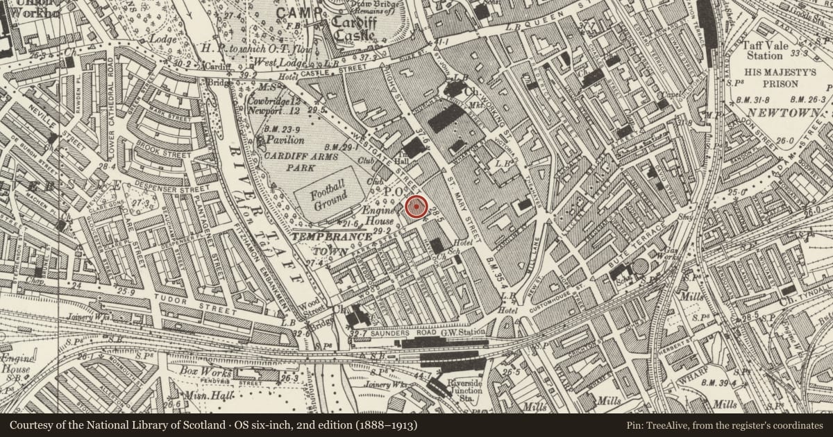 Ordnance Survey six-inch map, 2nd edition (1888–1913) covering the location of Head Post Office, Castle, Cardiff, with a pin at the register's coordinates