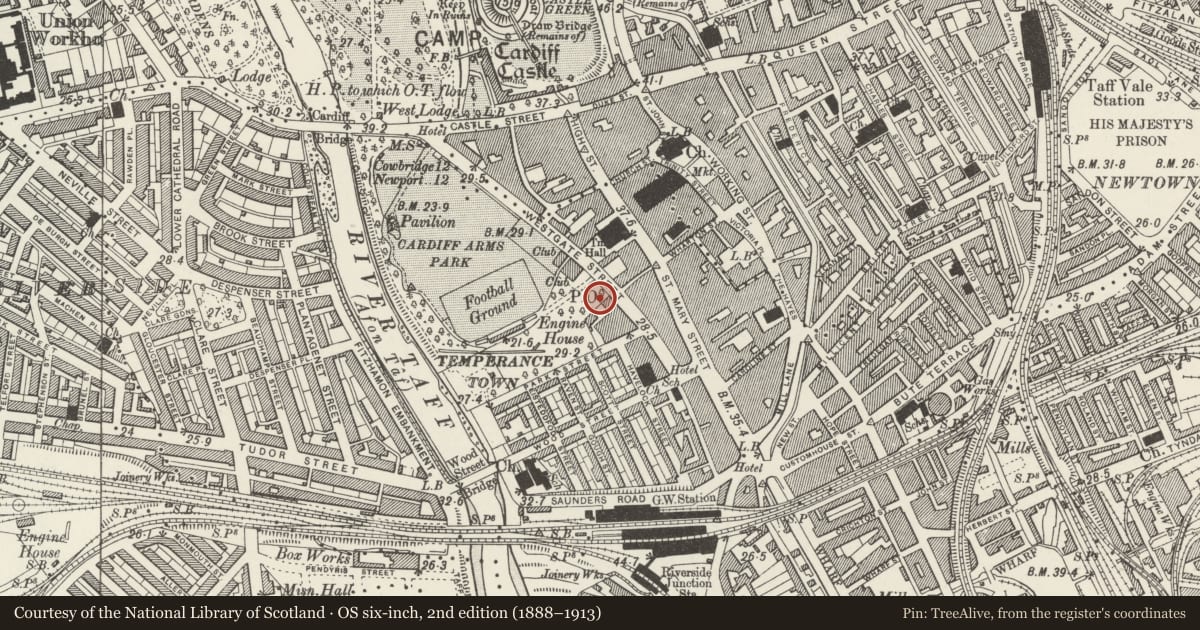 Ordnance Survey six-inch map, 2nd edition (1888–1913) covering the location of County Court Offices, Castle, Cardiff, with a pin at the register's coordinates
