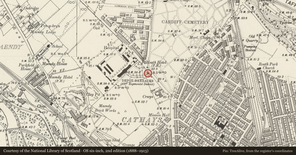 Ordnance Survey six-inch map, 2nd edition (1888–1913) covering the location of Welch Regimental War Memorial at Maindy Barracks, Cathays, Cardiff, with a pin at the register's coordinates