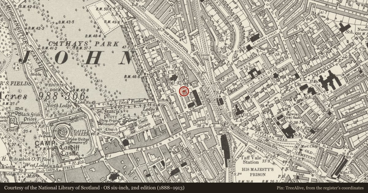 Ordnance Survey six-inch map, 2nd edition (1888–1913) covering the location of Nos.25-33 (consecutive), Castle, Cardiff, with a pin at the register's coordinates
