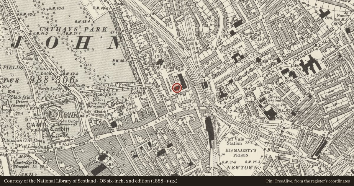 Ordnance Survey six-inch map, 2nd edition (1888–1913) covering the location of City United Reformed Church, Castle, Cardiff, with a pin at the register's coordinates