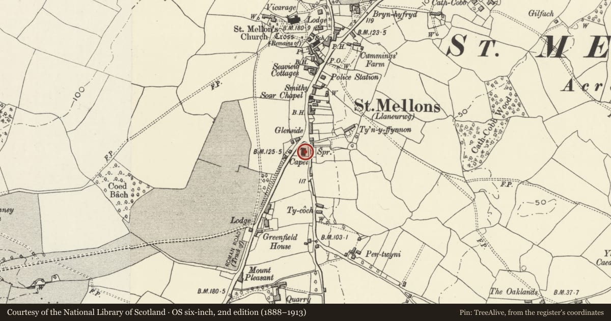 Ordnance Survey six-inch map, 2nd edition (1888–1913) covering the location of Bethania Evangelical Church, Old St. Mellons, Cardiff, with a pin at the register's coordinates
