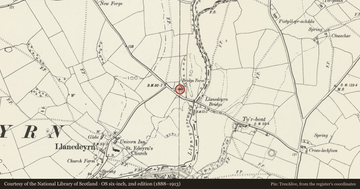 Ordnance Survey six-inch map, 2nd edition (1888–1913) covering the location of Farmhouse at Bridge Farm, Old St. Mellons, Cardiff, with a pin at the register's coordinates