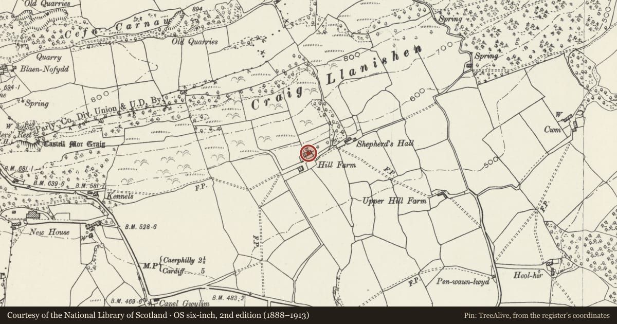 Ordnance Survey six-inch map, 2nd edition (1888–1913) covering the location of Hill Farmhouse, Lisvane, Cardiff, with a pin at the register's coordinates