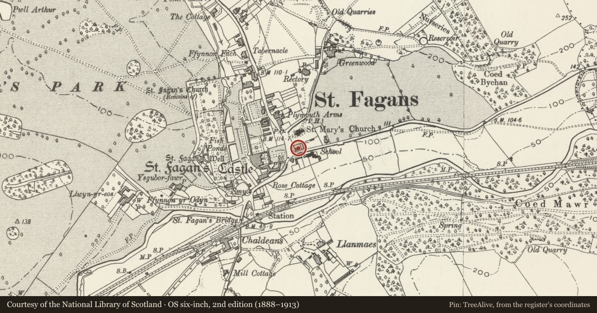 Ordnance Survey six-inch map, 2nd edition (1888–1913) covering the location of 3 Cardiff Road, St. Fagans, Cardiff, with a pin at the register's coordinates