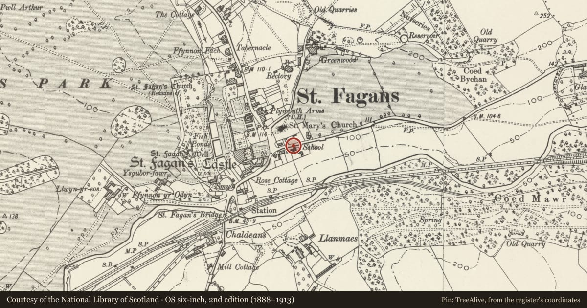 Ordnance Survey six-inch map, 2nd edition (1888–1913) covering the location of Wall and Railings at former St Fagans Church in Wales School, St. Fagans, Cardiff, with a pin at the register's coordinates