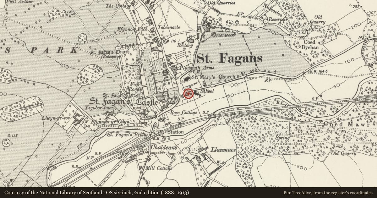 Ordnance Survey six-inch map, 2nd edition (1888–1913) covering the location of Osmington Cottage, St. Fagans, Cardiff, with a pin at the register's coordinates
