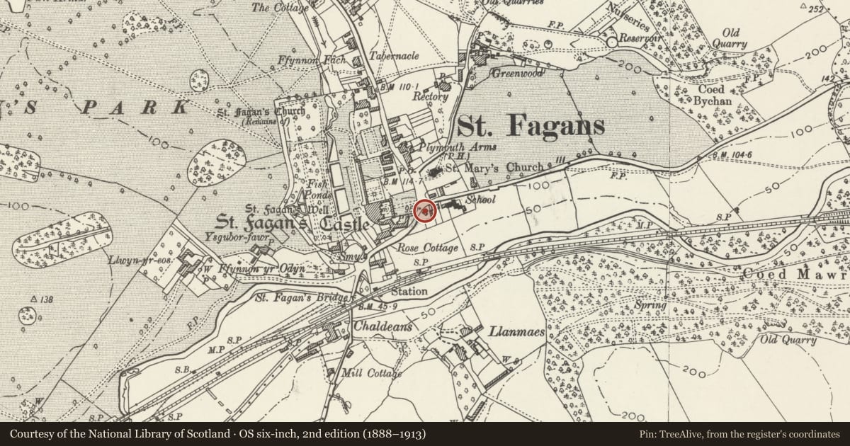 Ordnance Survey six-inch map, 2nd edition (1888–1913) covering the location of Hill Cottage, St. Fagans, Cardiff, with a pin at the register's coordinates