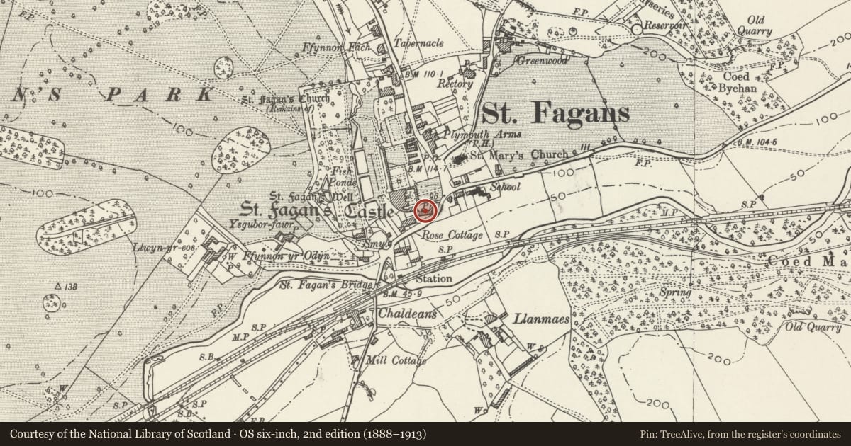 Ordnance Survey six-inch map, 2nd edition (1888–1913) covering the location of Stable Court at St Fagans Castle, St. Fagans, Cardiff, with a pin at the register's coordinates