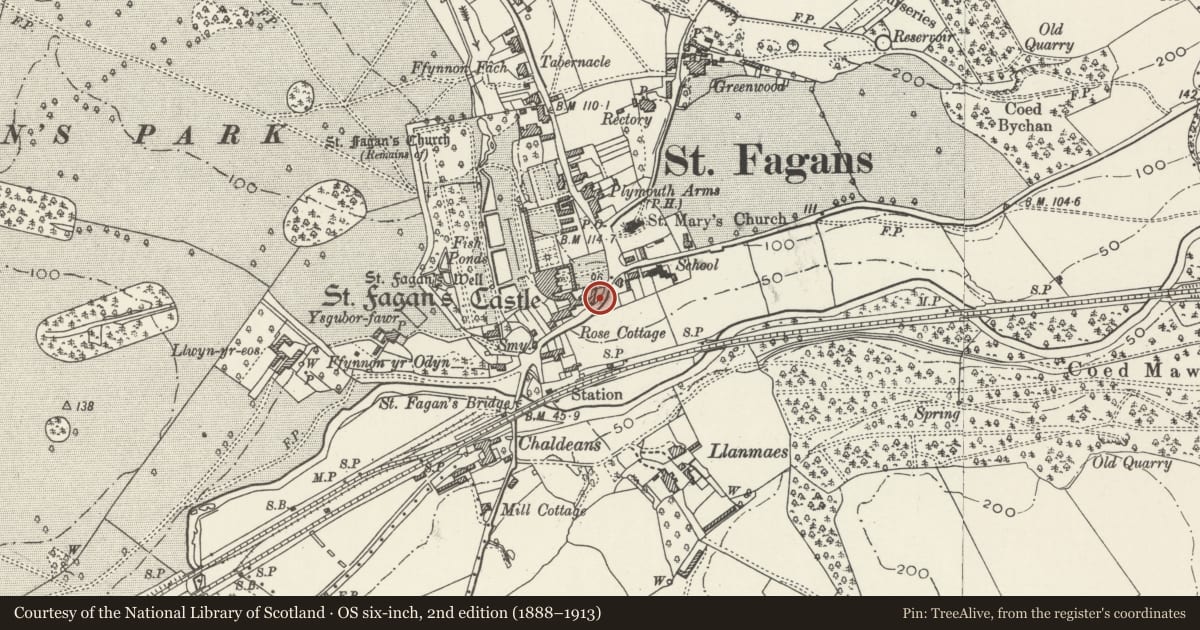 Ordnance Survey six-inch map, 2nd edition (1888–1913) covering the location of South Boundary Wall of the Stable Court including the Drinking Fountain on Castle Hill, St. Fagans, Cardiff, with a pin at the register's coordinates
