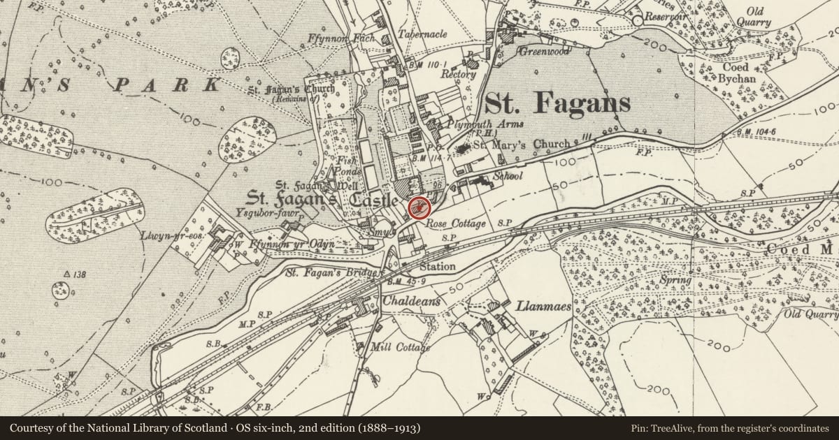 Ordnance Survey six-inch map, 2nd edition (1888–1913) covering the location of 1 Castle Hill, St. Fagans, Cardiff, with a pin at the register's coordinates