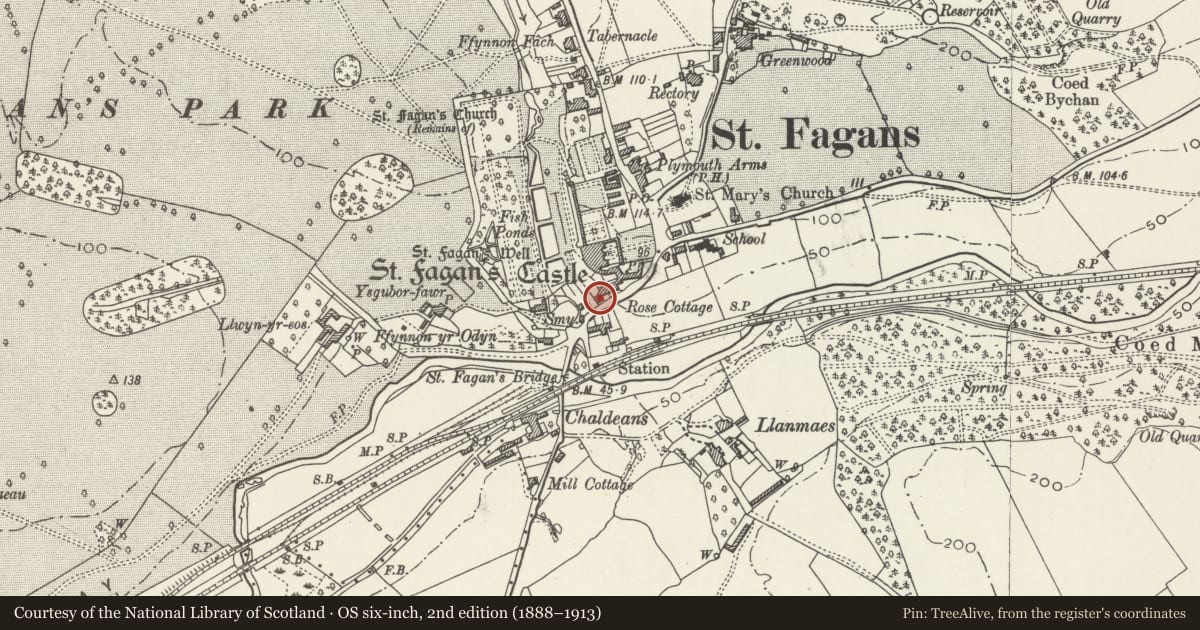 Ordnance Survey six-inch map, 2nd edition (1888–1913) covering the location of Laundry Cottage, St. Fagans, Cardiff, with a pin at the register's coordinates