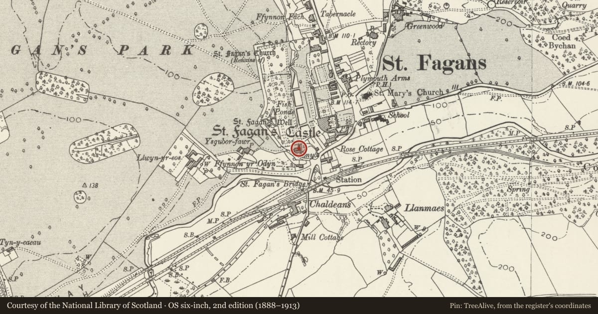 Ordnance Survey six-inch map, 2nd edition (1888–1913) covering the location of No.1 The Twyn, St. Fagans, Cardiff, with a pin at the register's coordinates