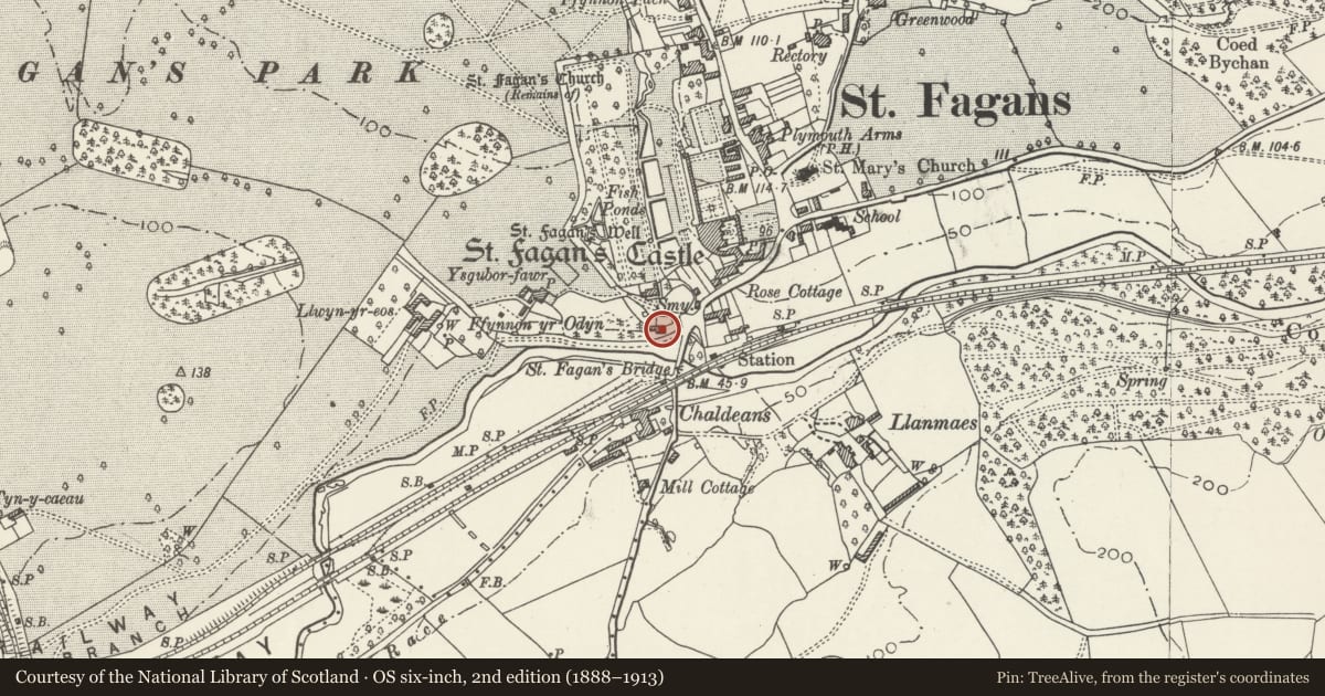 Ordnance Survey six-inch map, 2nd edition (1888–1913) covering the location of Riverside Cottage, St. Fagans, Cardiff, with a pin at the register's coordinates