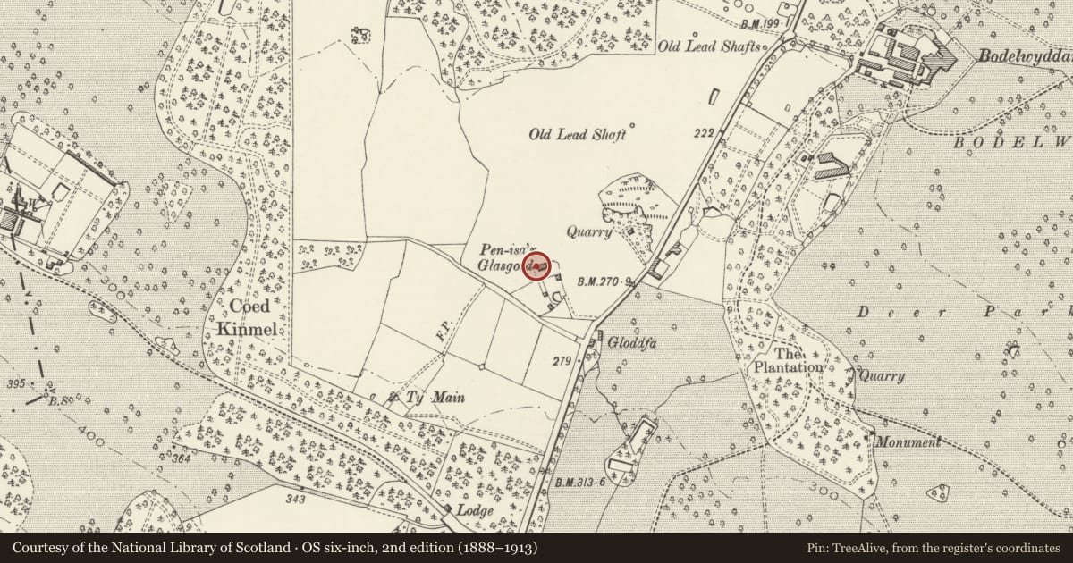 Ordnance Survey six-inch map, 2nd edition (1888–1913) covering the location of Pen-isa'r-Glascoed Farmhouse with Garden Wall and Gate, Bodelwyddan, Denbighshire, with a pin at the register's coordinates