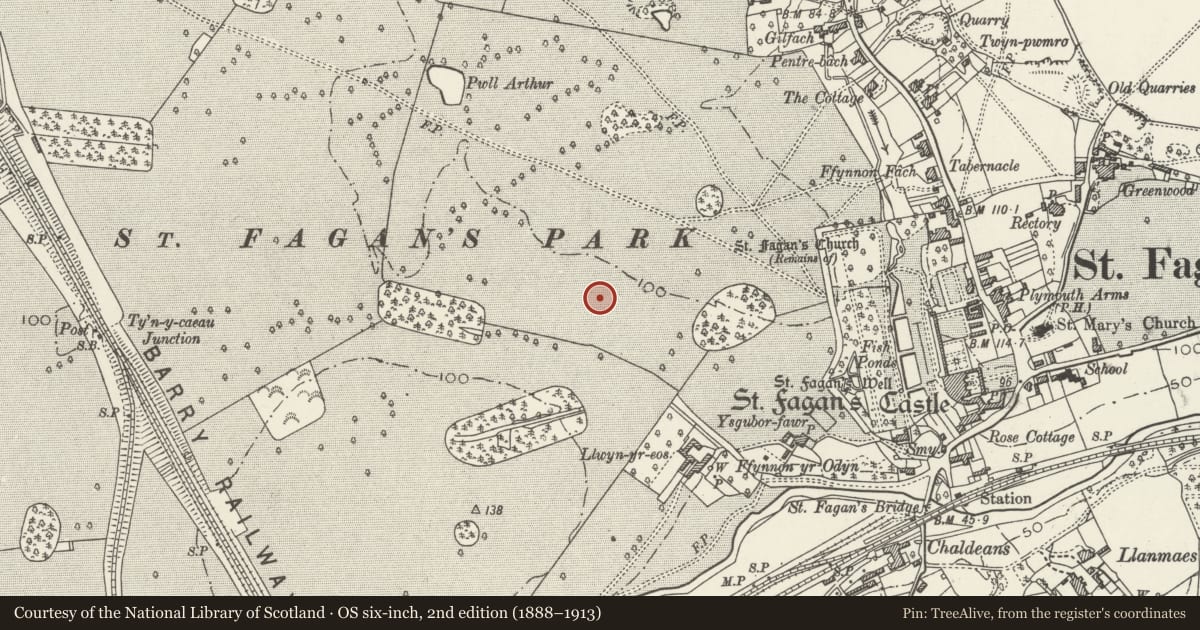 Ordnance Survey six-inch map, 2nd edition (1888–1913) covering the location of Penparcau Tollhouse, St. Fagans, Cardiff, with a pin at the register's coordinates