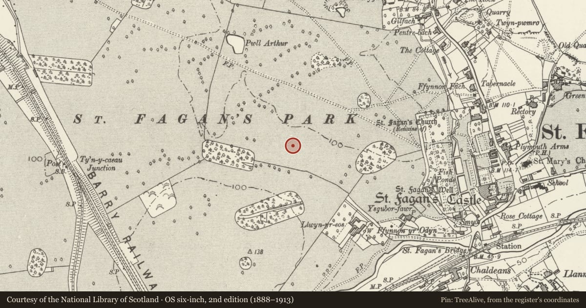 Ordnance Survey six-inch map, 2nd edition (1888–1913) covering the location of Denbigh Cockpit, St. Fagans, Cardiff, with a pin at the register's coordinates