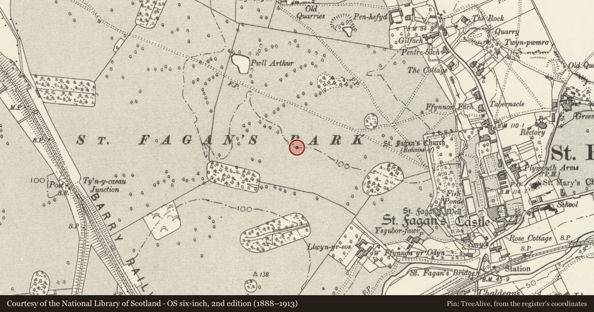 Ordnance Survey six-inch map, 2nd edition (1888–1913) covering the location of Llawr-y-glyn Smithy, St. Fagans, Cardiff, with a pin at the register's coordinates