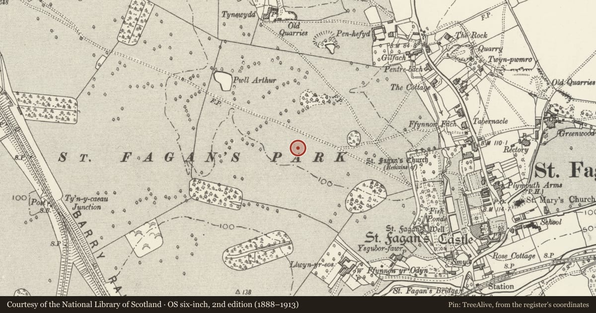 Ordnance Survey six-inch map, 2nd edition (1888–1913) covering the location of Cilewent Farmhouse, St. Fagans, Cardiff, with a pin at the register's coordinates