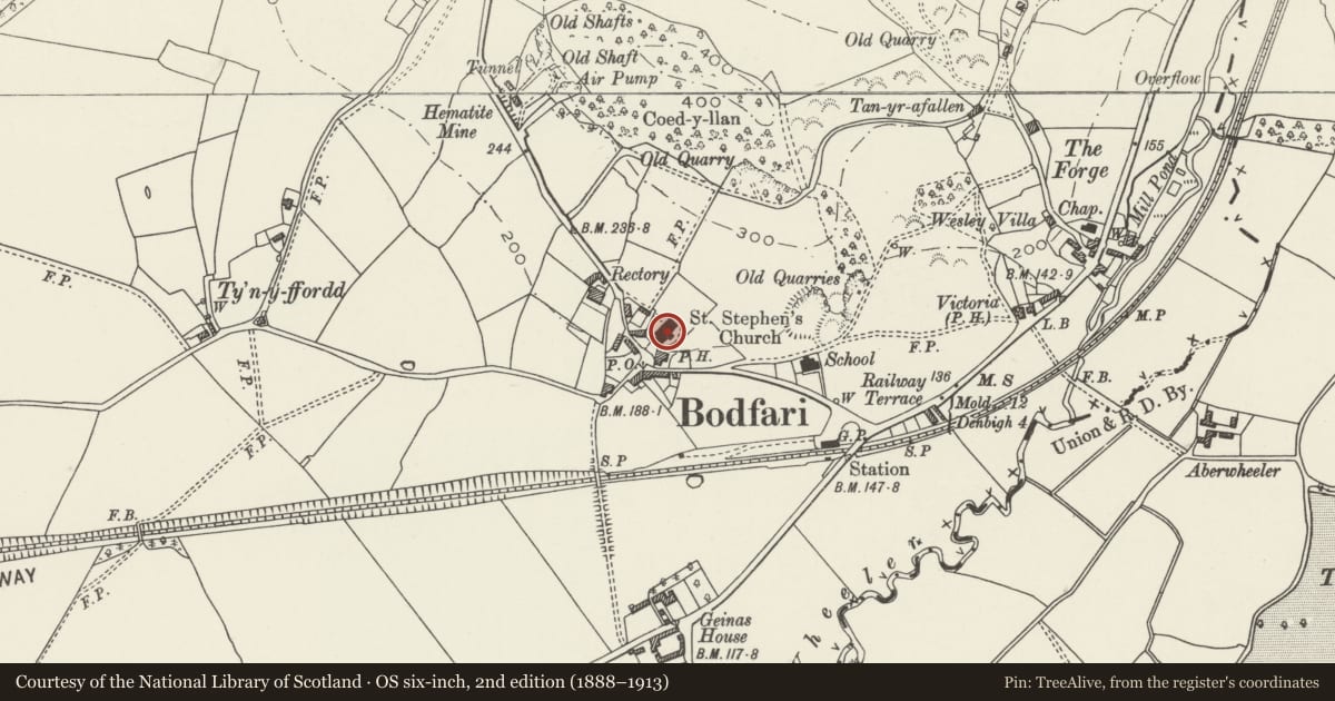 Ordnance Survey six-inch map, 2nd edition (1888–1913) covering the location of Church of St Stephen, Bodfari, Denbighshire, with a pin at the register's coordinates