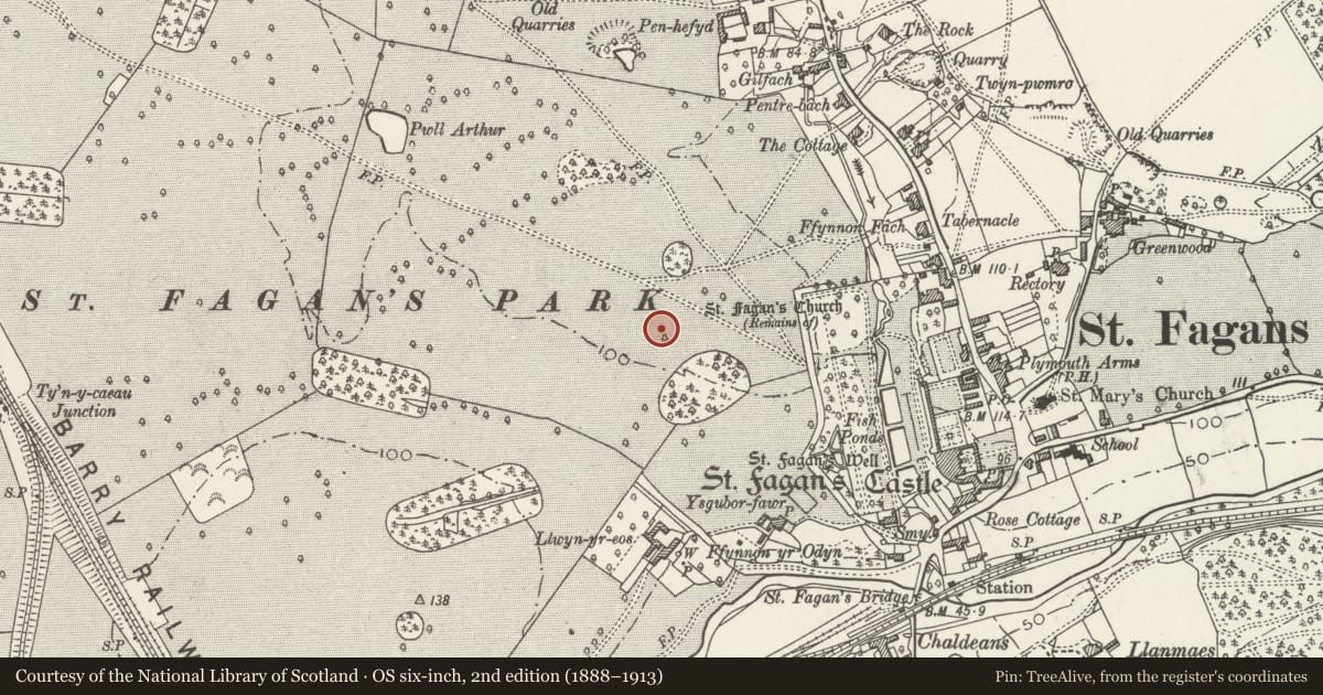 Ordnance Survey six-inch map, 2nd edition (1888–1913) covering the location of Abernodwydd Farmhouse, St. Fagans, Cardiff, with a pin at the register's coordinates