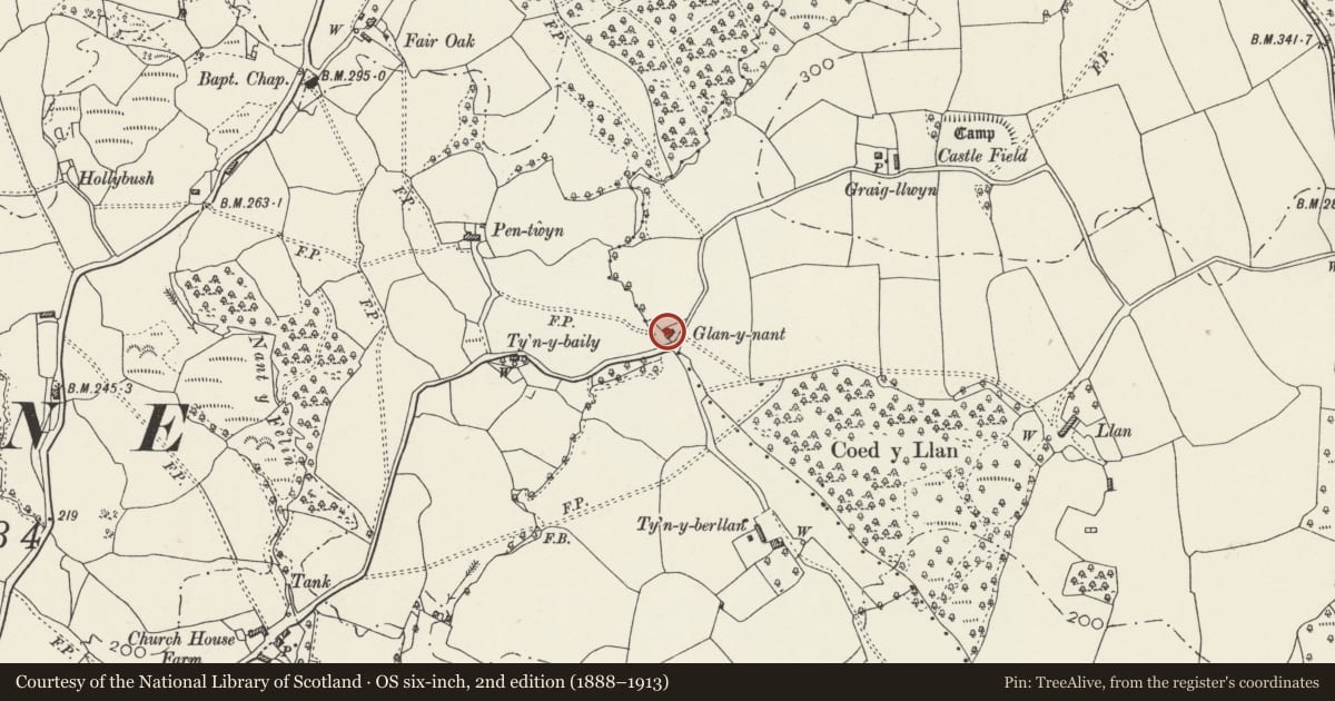 Ordnance Survey six-inch map, 2nd edition (1888–1913) covering the location of Glan-y-nant, Pontprennau, Cardiff, with a pin at the register's coordinates