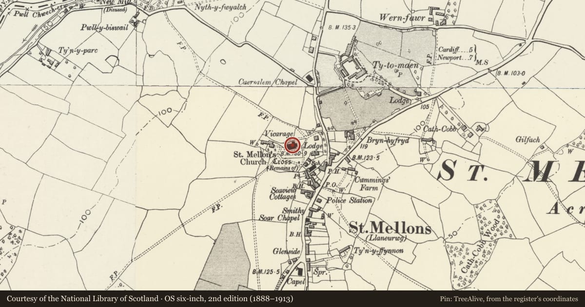 Ordnance Survey six-inch map, 2nd edition (1888–1913) covering the location of Church of St Mellon, Old St. Mellons, Cardiff, with a pin at the register's coordinates