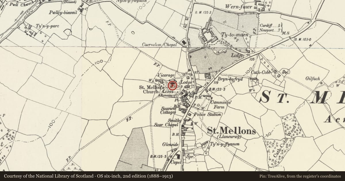 Ordnance Survey six-inch map, 2nd edition (1888–1913) covering the location of Memorial to Joseph Benjamin Hemingway in St Mellons churchyard, Old St. Mellons, Cardiff, with a pin at the register's coordinates
