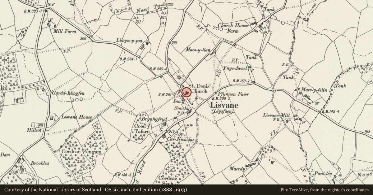 Ordnance Survey six-inch map, 2nd edition (1888–1913) covering the location of Church of St Denys, Lisvane, Cardiff, with a pin at the register's coordinates