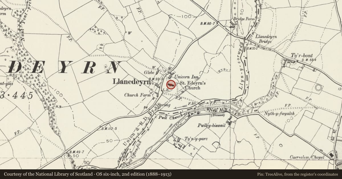 Ordnance Survey six-inch map, 2nd edition (1888–1913) covering the location of Church of St Edeyrn, Old St. Mellons, Cardiff, with a pin at the register's coordinates