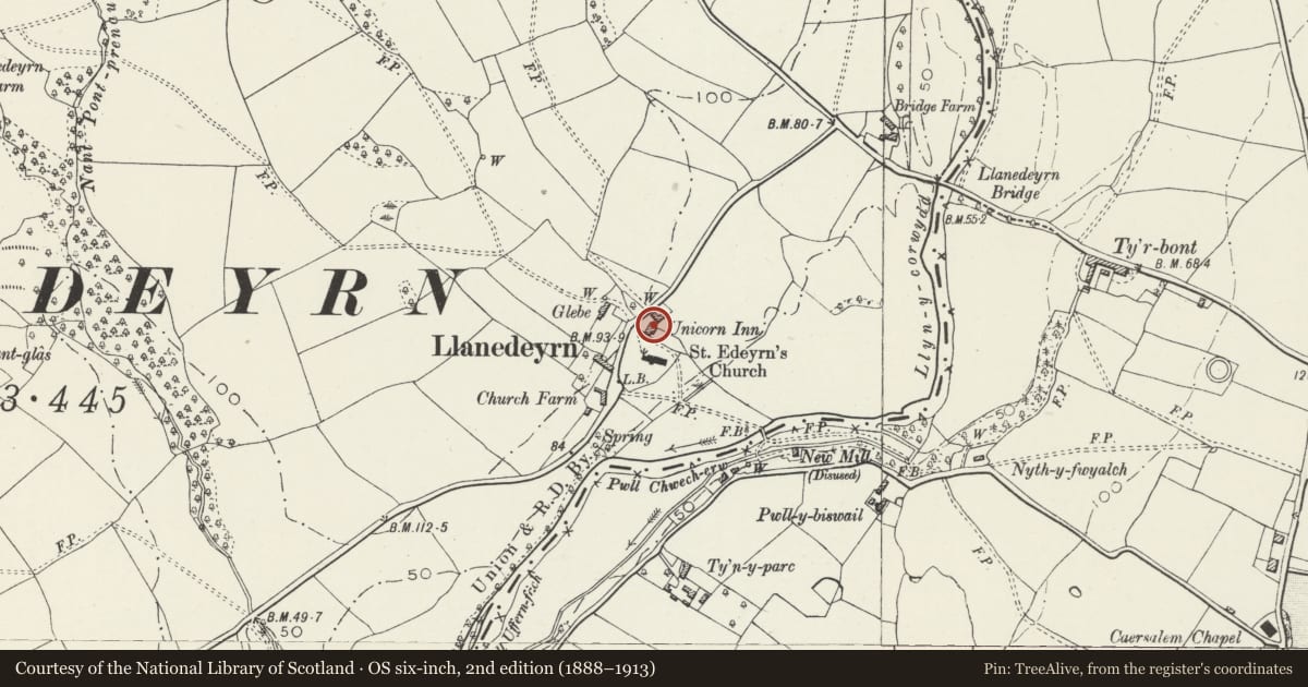 Ordnance Survey six-inch map, 2nd edition (1888–1913) covering the location of The Unicorn Inn PH, Old St. Mellons, Cardiff, with a pin at the register's coordinates