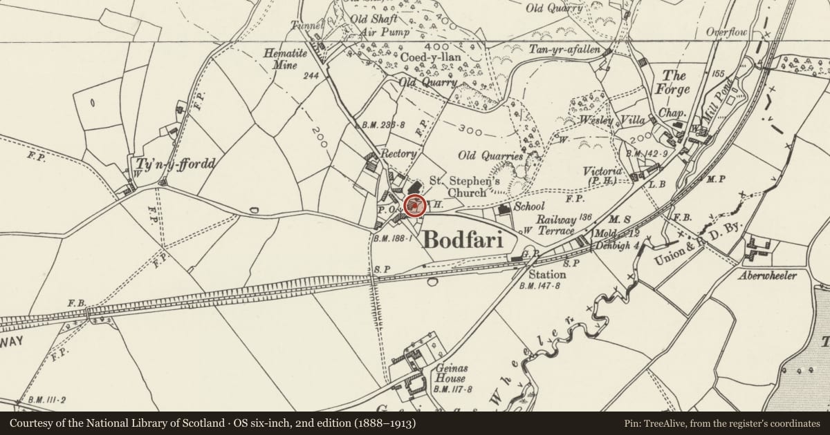 Ordnance Survey six-inch map, 2nd edition (1888–1913) covering the location of Dinorben Arms Public House, Bodfari, Denbighshire, with a pin at the register's coordinates
