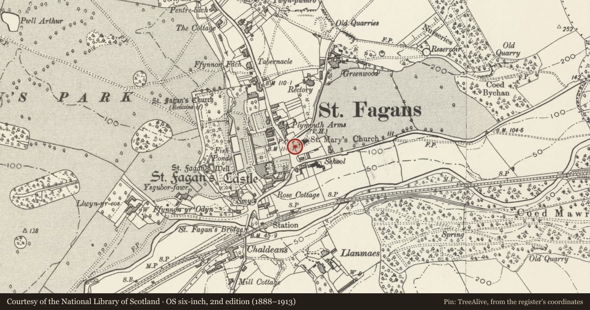 Ordnance Survey six-inch map, 2nd edition (1888–1913) covering the location of Lychgate at entrance to Churchyard of Church of St Mary the Blessed Virgin, St. Fagans, Cardiff, with a pin at the register's coordinates