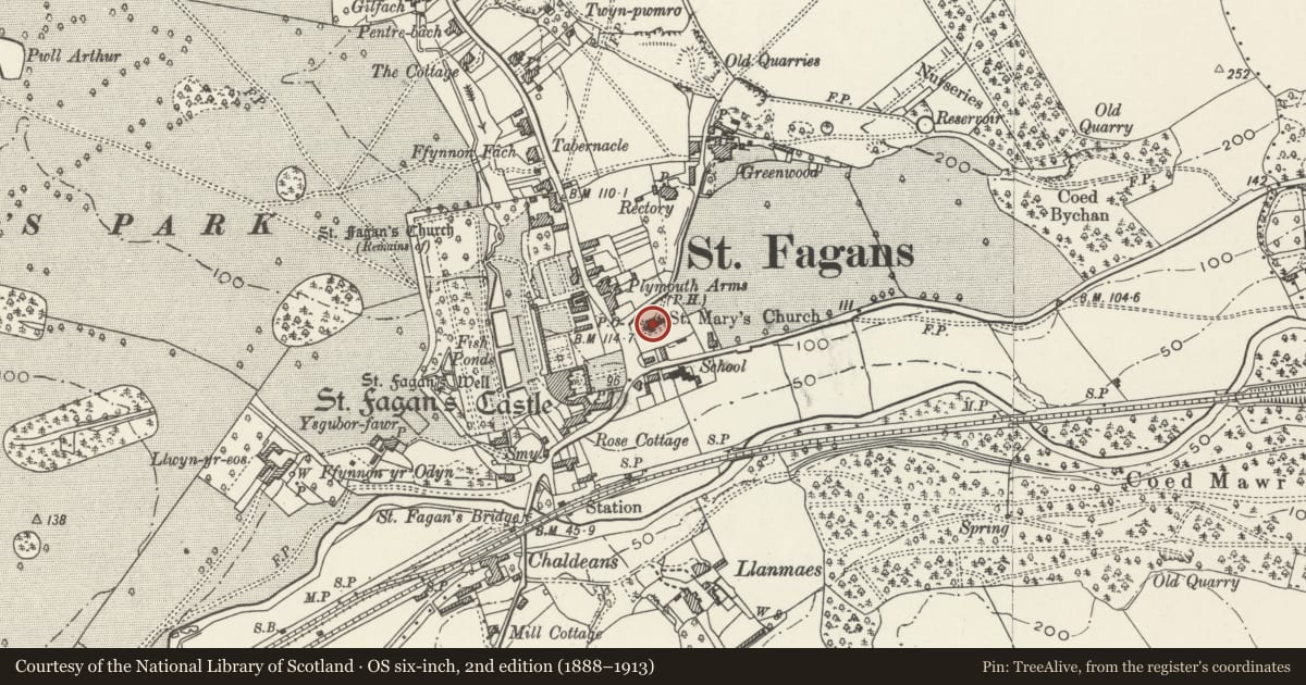 Ordnance Survey six-inch map, 2nd edition (1888–1913) covering the location of Church of St Mary the Blessed Virgin, St. Fagans, Cardiff, with a pin at the register's coordinates