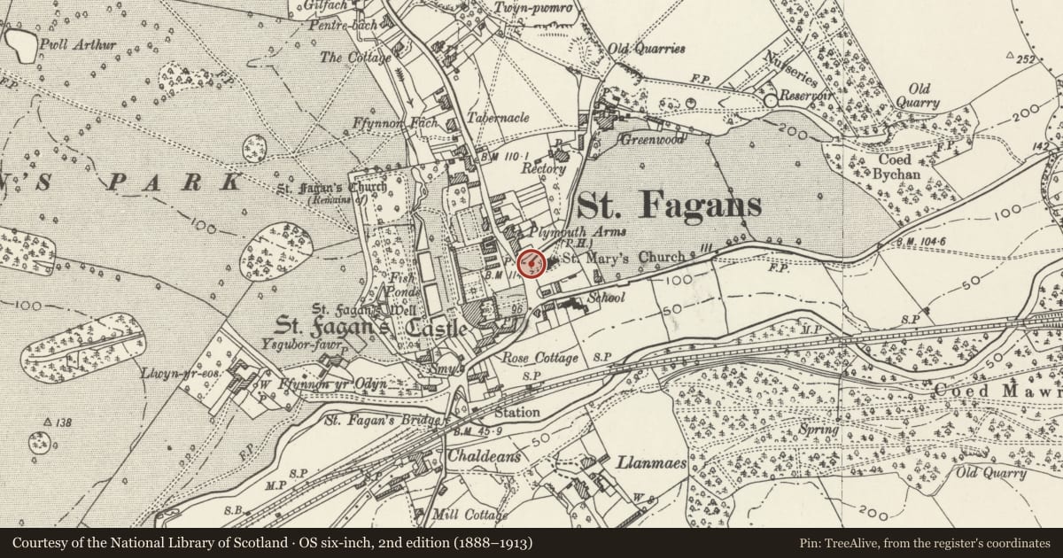 Ordnance Survey six-inch map, 2nd edition (1888–1913) covering the location of Wall of the Churchyard of the Church of St Mary the Blessed Virgin with the attached War Memorial, St. Fagans, Cardiff, with a pin at the register's coordinates