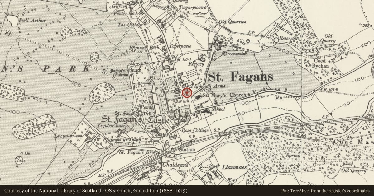 Ordnance Survey six-inch map, 2nd edition (1888–1913) covering the location of The Old Post Office Restaurant, St. Fagans, Cardiff, with a pin at the register's coordinates