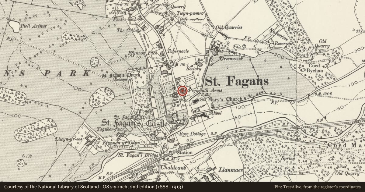 Ordnance Survey six-inch map, 2nd edition (1888–1913) covering the location of The Plymouth Arms P H, St. Fagans, Cardiff, with a pin at the register's coordinates
