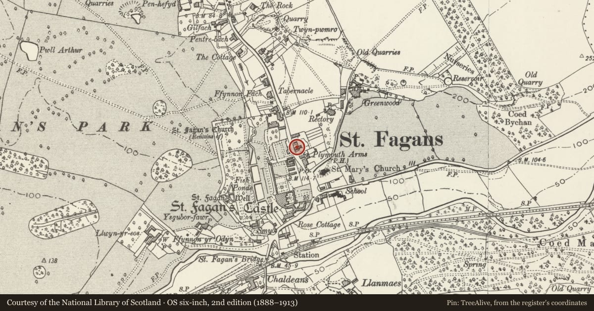 Ordnance Survey six-inch map, 2nd edition (1888–1913) covering the location of Laurel Cottage, St. Fagans, Cardiff, with a pin at the register's coordinates
