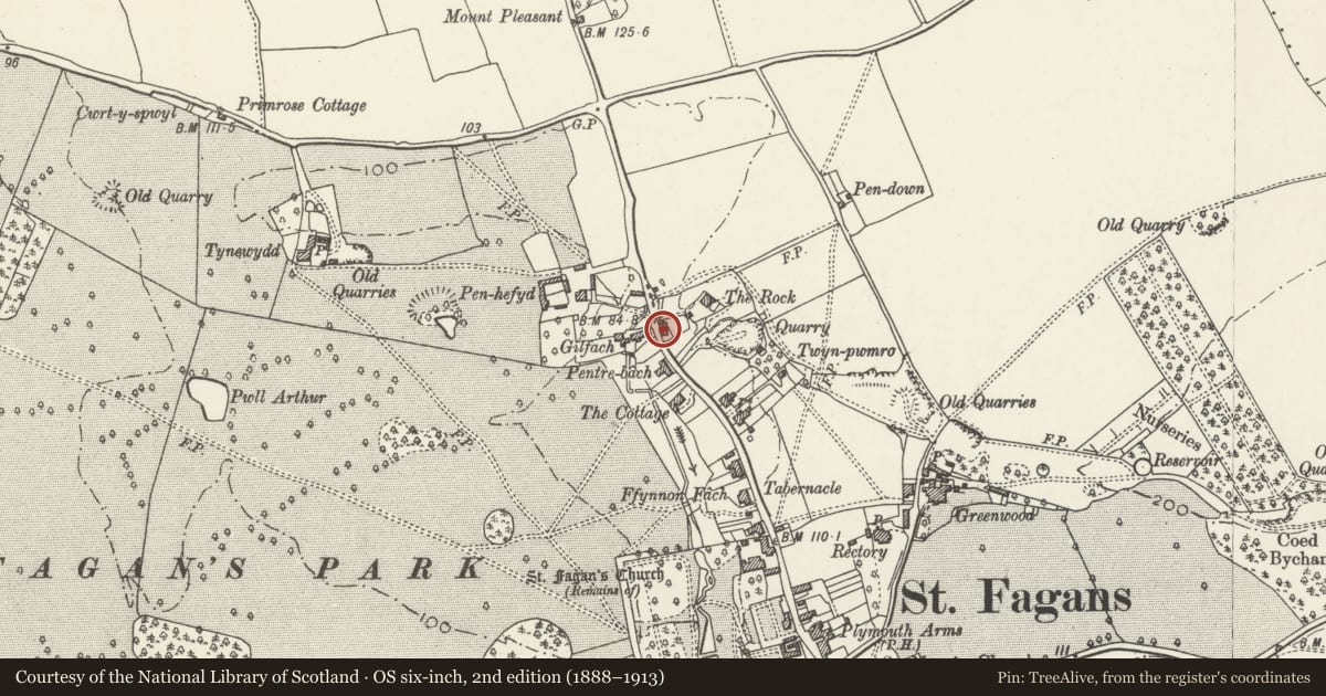 Ordnance Survey six-inch map, 2nd edition (1888–1913) covering the location of Rose Cottage, St. Fagans, Cardiff, with a pin at the register's coordinates
