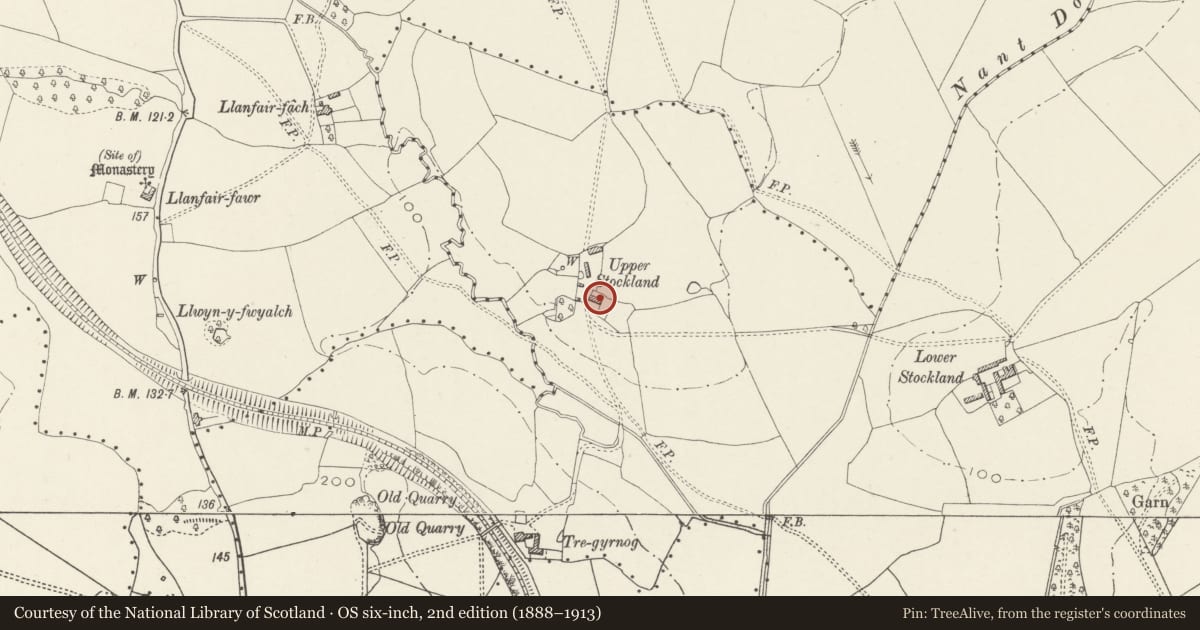 Ordnance Survey six-inch map, 2nd edition (1888–1913) covering the location of Upper Stockland Farmhouse, St. Fagans, Cardiff, with a pin at the register's coordinates
