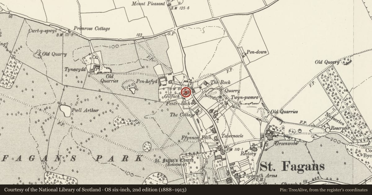 Ordnance Survey six-inch map, 2nd edition (1888–1913) covering the location of Ty-nant, St. Fagans, Cardiff, with a pin at the register's coordinates