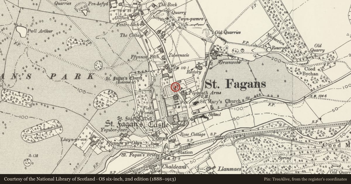 Ordnance Survey six-inch map, 2nd edition (1888–1913) covering the location of East Boundary Wall of St. Fagans Castle grounds, Cardiff, with a pin at the register's coordinates