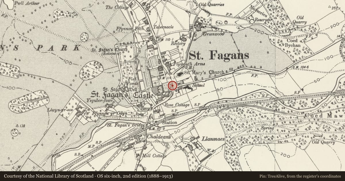 Ordnance Survey six-inch map, 2nd edition (1888–1913) covering the location of Entrance Gates and Wall forming east boundary of the Entrance Garden at St Fagans Castle, St. Fagans, Cardiff, with a pin at the register's coordinates