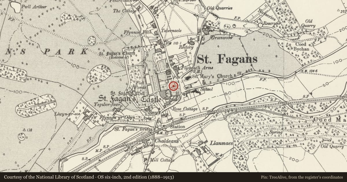Ordnance Survey six-inch map, 2nd edition (1888–1913) covering the location of North Wall of the Entrance Garden at St Fagans Castle, St. Fagans, Cardiff, with a pin at the register's coordinates