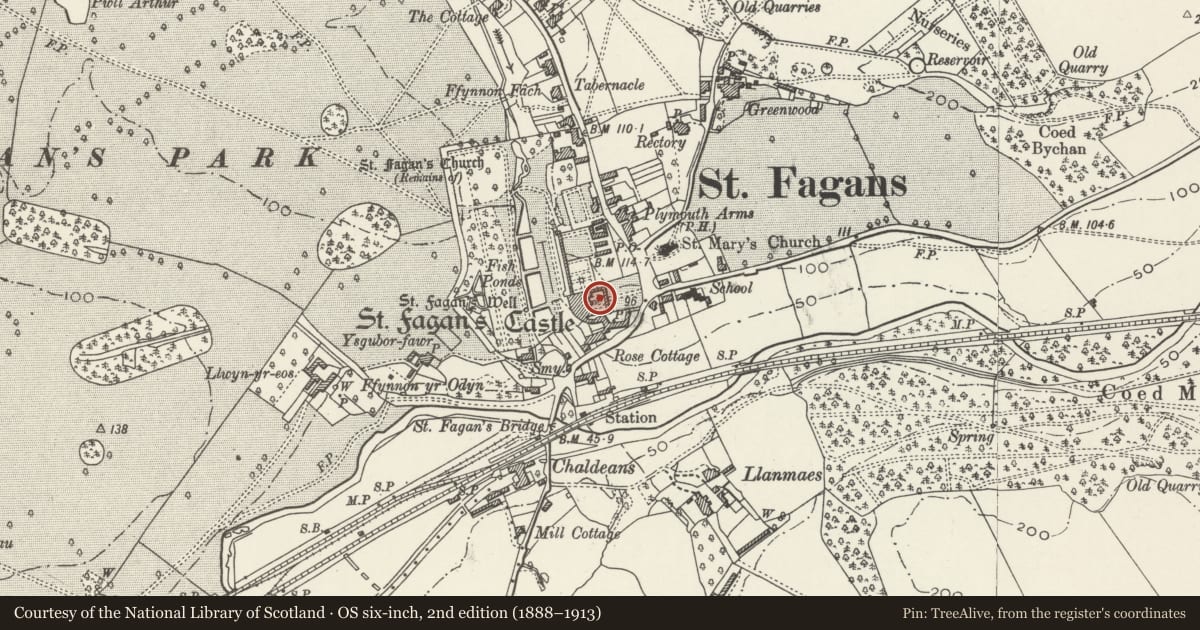 Ordnance Survey six-inch map, 2nd edition (1888–1913) covering the location of Lead Cistern in the east forecourt of St Fagans Castle, St. Fagans, Cardiff, with a pin at the register's coordinates