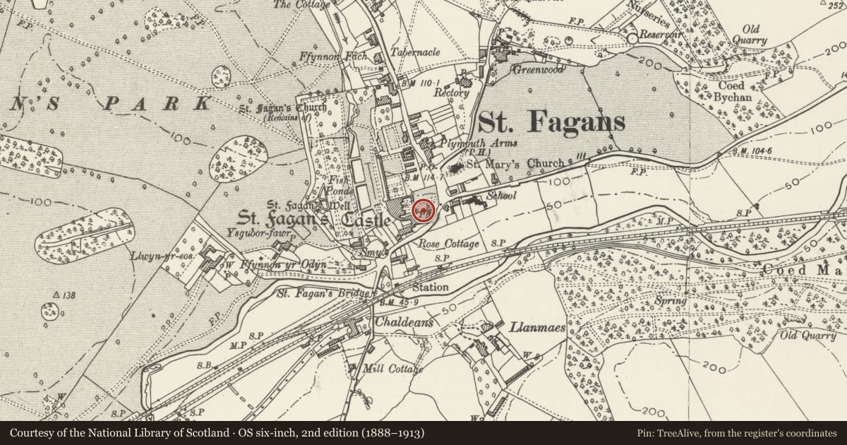 Ordnance Survey six-inch map, 2nd edition (1888–1913) covering the location of South Wall of the Entrance Garden separating it from the Stable Court at St Fagans Castle, St. Fagans, Cardiff, with a pin at the register's coordinates