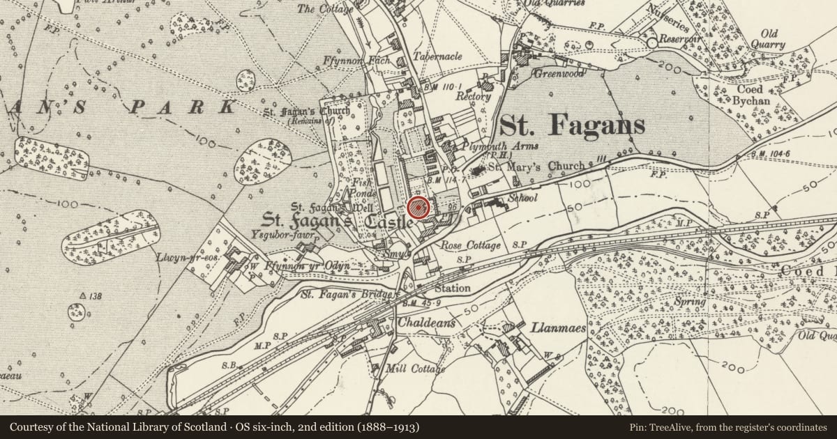 Ordnance Survey six-inch map, 2nd edition (1888–1913) covering the location of St Fagans Castle, St. Fagans, Cardiff, with a pin at the register's coordinates