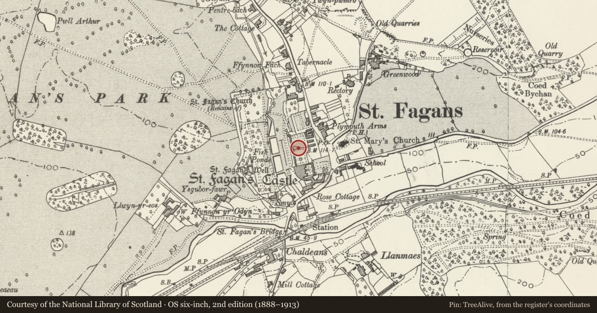Ordnance Survey six-inch map, 2nd edition (1888–1913) covering the location of Gates, Piers, Steps and Balustrade Wall bounding north side of Dutch Garden at St. Fagans Castle, Cardiff, with a pin at the register's coordinates